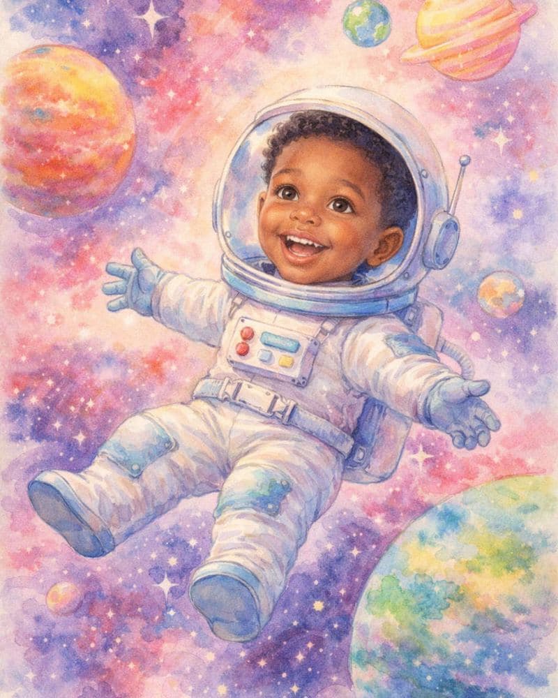 Child as astronaut floating in space in watercolor style