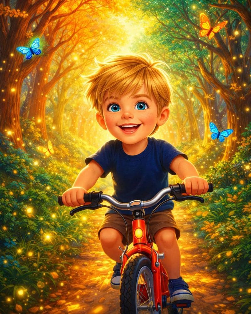 Child riding a bike through a magical forest in cartoon style