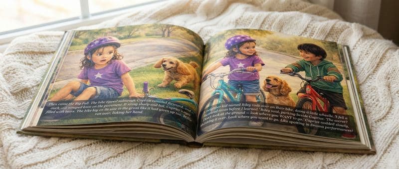 Open book spread showing illustrated pages of a personalized children's book