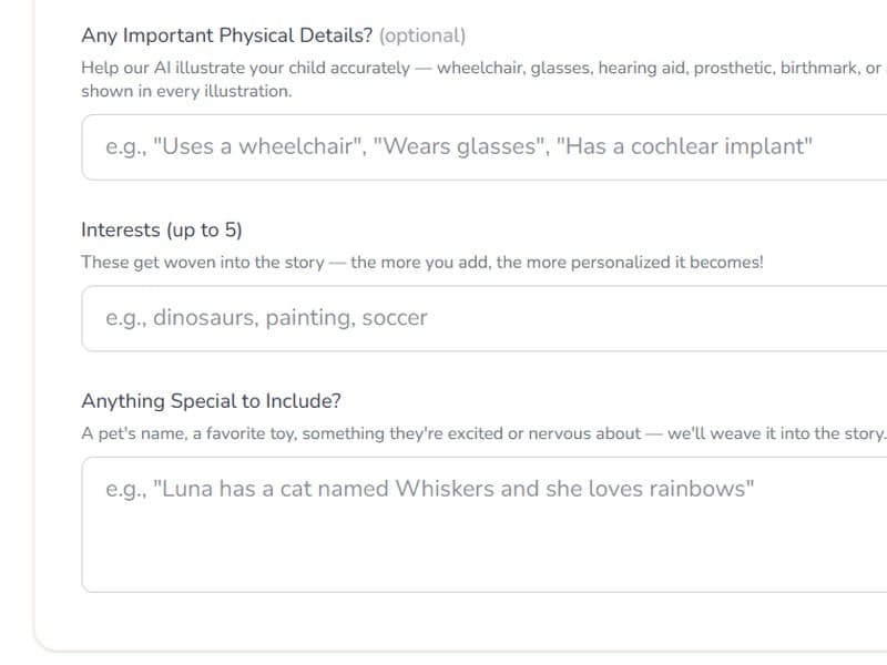 Wizard interface with name, interests, and photo upload fields