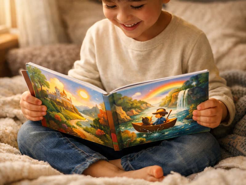Child happily holding their personalized printed book